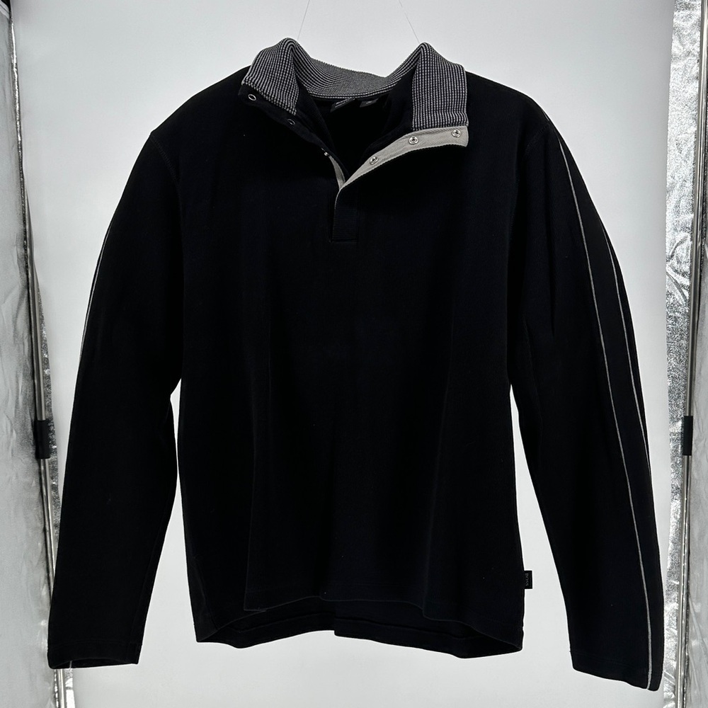 Hugo Boss Black Button-Up Sweater with Striped Collar